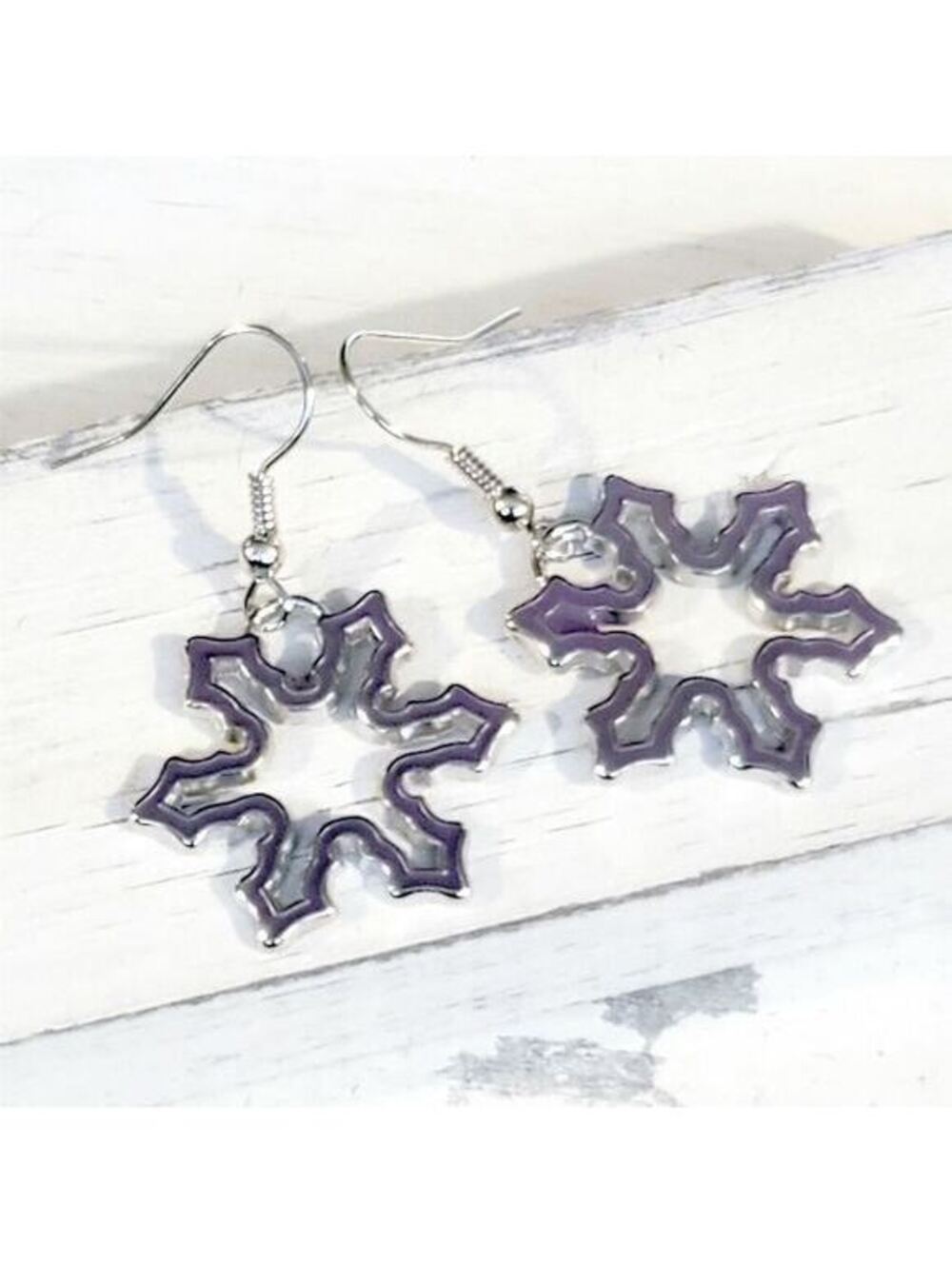 Hand Crafted Silver Purple Enameled Snowflake Winter Christmas Holidays Earrings